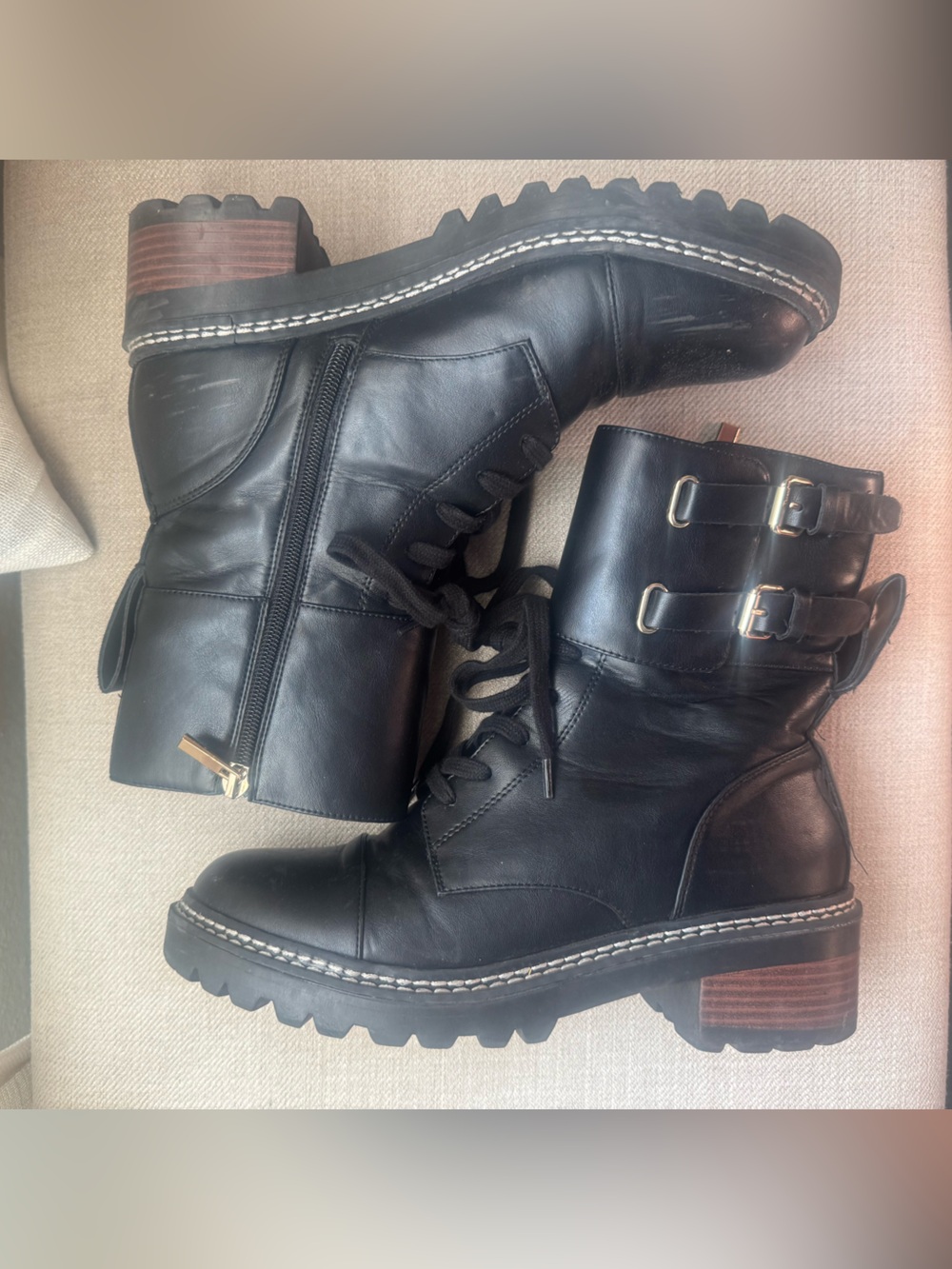 BCBG Black Leather Lace-Up Buckle Combat Boots - Women's